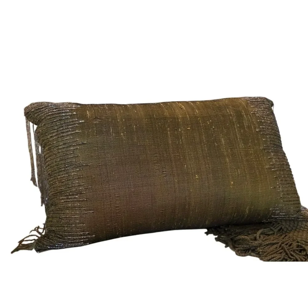 CBK Silk Green Satung Beaded Decorative Pillow Luxury Glam Holllywood Regency